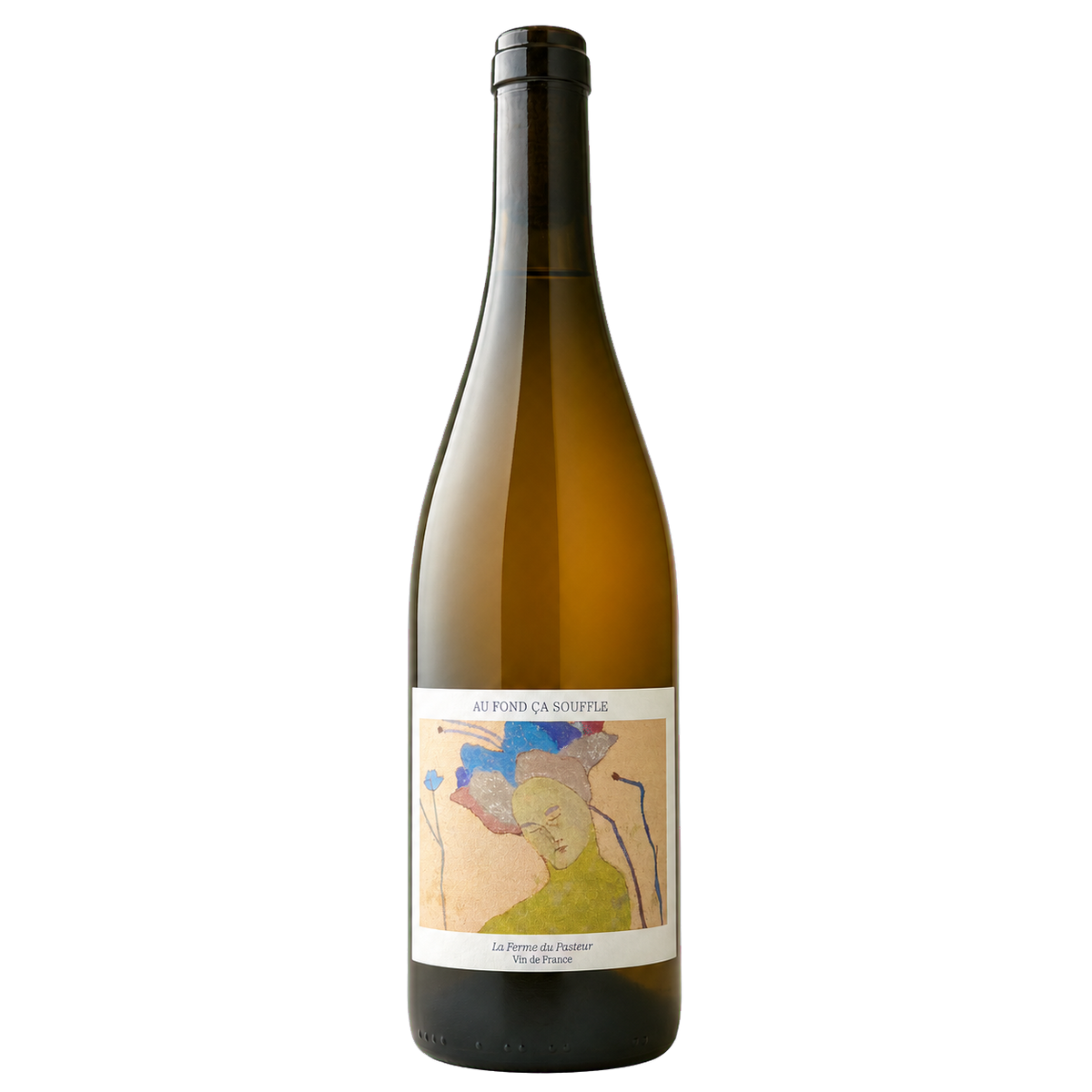 Fles Au Fond Ça Souffle 2024, witte natuurwijn van Bourboulenc door La Ferme du Pasteur, pastel etiket met bloemenillustratie