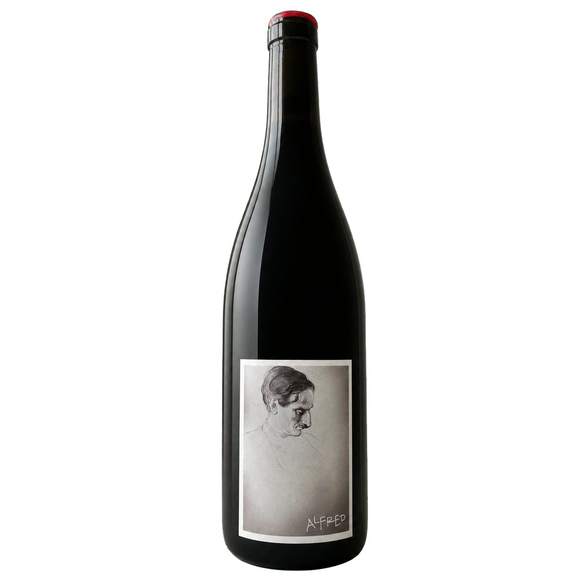 Fles Alfred 2023, rode natuurwijn van zeldzame Couston door Project Kamoshika uit de Ardèche, portret-etiket