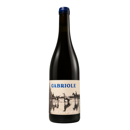 Fles Cabriole 2024, rode natuurwijn van Les Vins de l'Aventure, etiket met paarden in het water