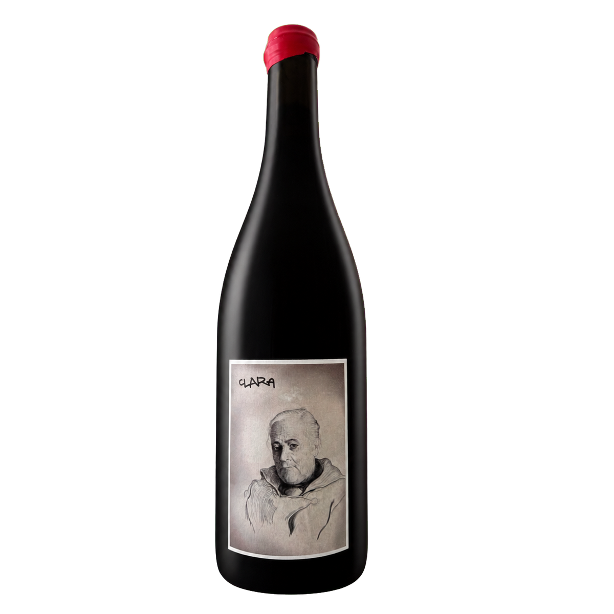 Fles Clara 2023, rode natuurwijn van Syrah door Project Kamoshika, etiket met getekend portret