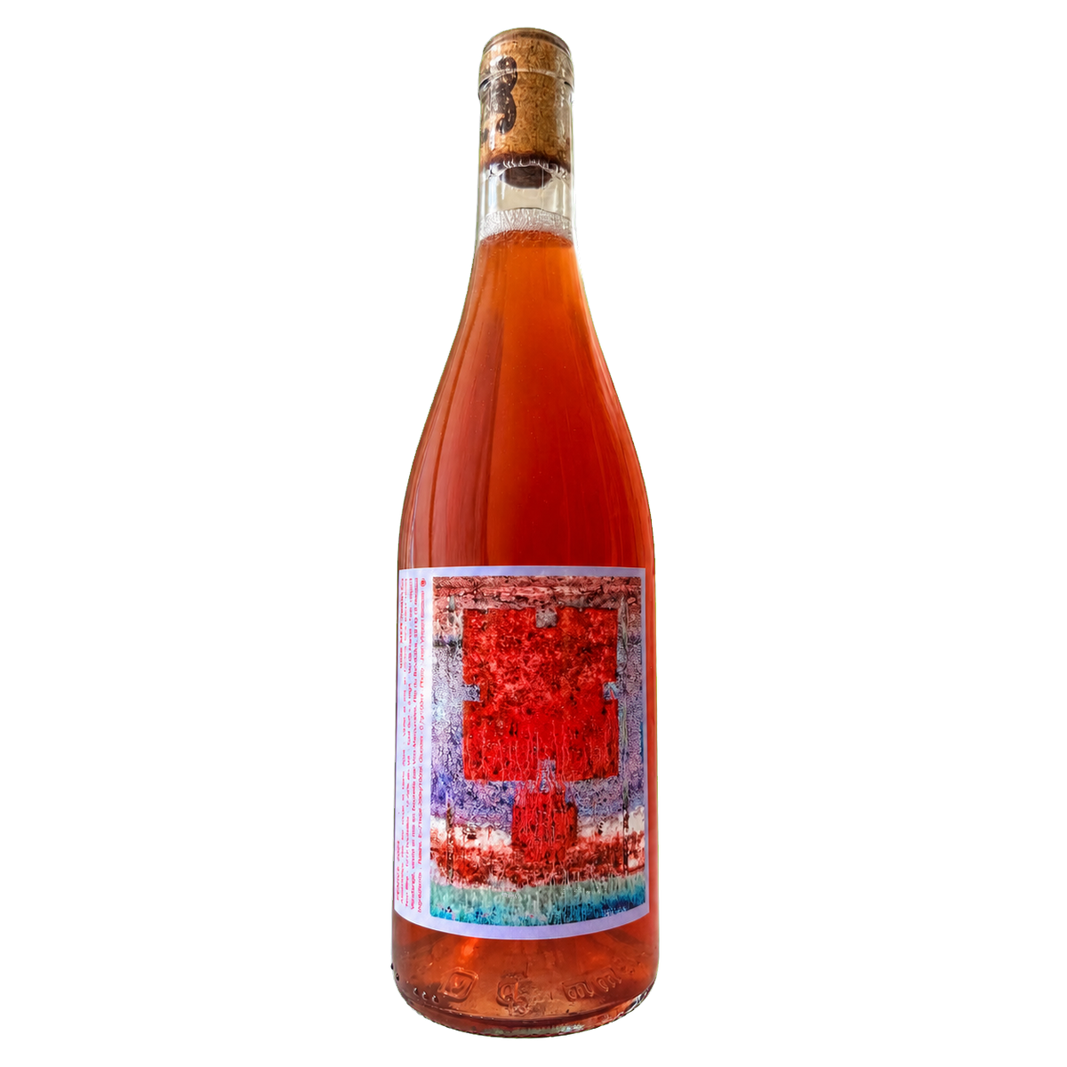 Fles Fenice 2024, rosé natuurwijn van Vins Mercuriales, rood mozaïek-etiket
