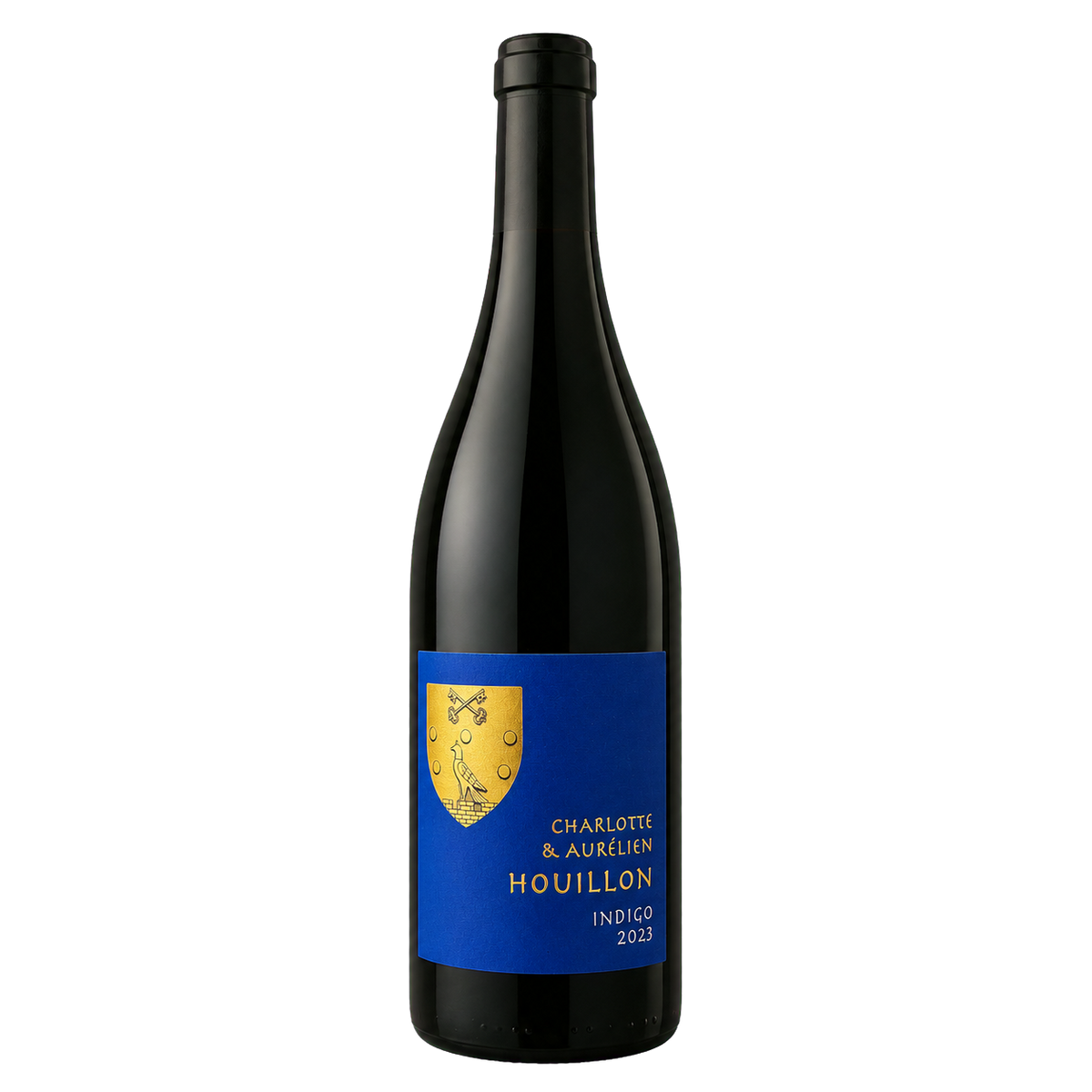 Fles Indigo 2023, rode natuurwijn van Syrah door Domaine Houillon, kobaltblauw etiket