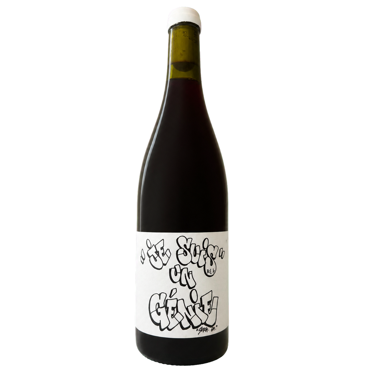 Fles Je Suis Un Genie ! 2024, rode natuurwijn van Syrah en Carignan door Domaine RLK uit de Ardèche, graffiti-etiket