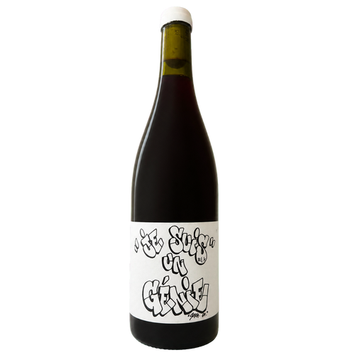 Fles Je Suis Un Genie ! 2024, rode natuurwijn van Syrah en Carignan door Domaine RLK uit de Ardèche, graffiti-etiket