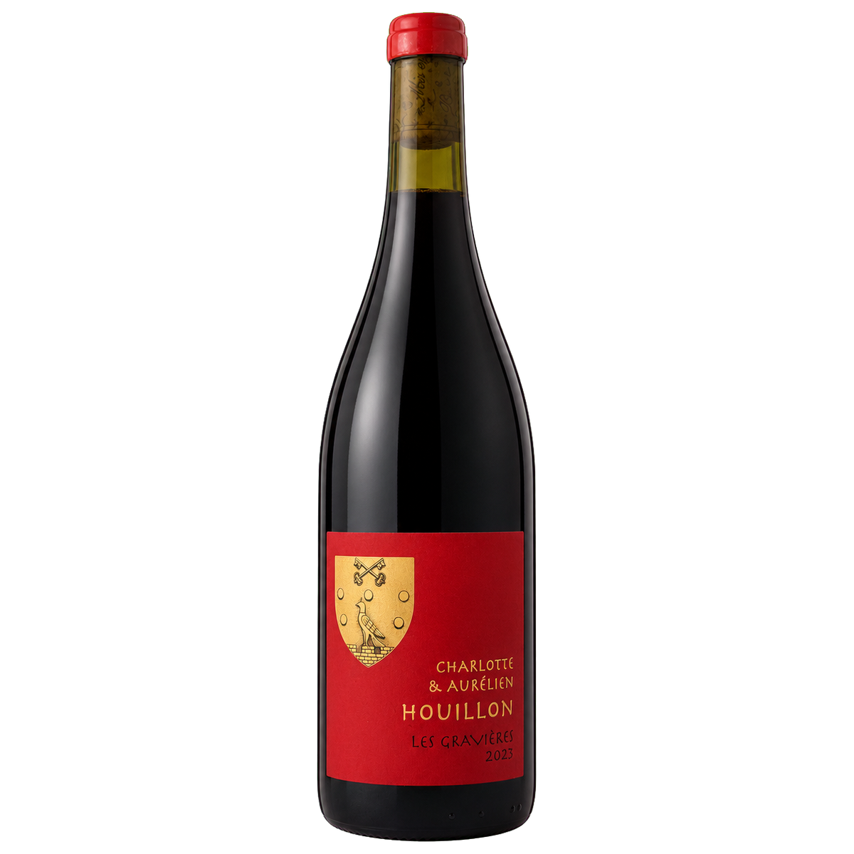 Fles Les Gravières 2023, rode natuurwijn van Domaine Houillon, rood etiket met wapenschild
