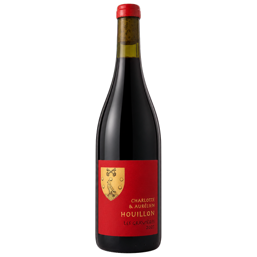 Fles Les Gravières 2023, rode natuurwijn van Domaine Houillon, rood etiket met wapenschild