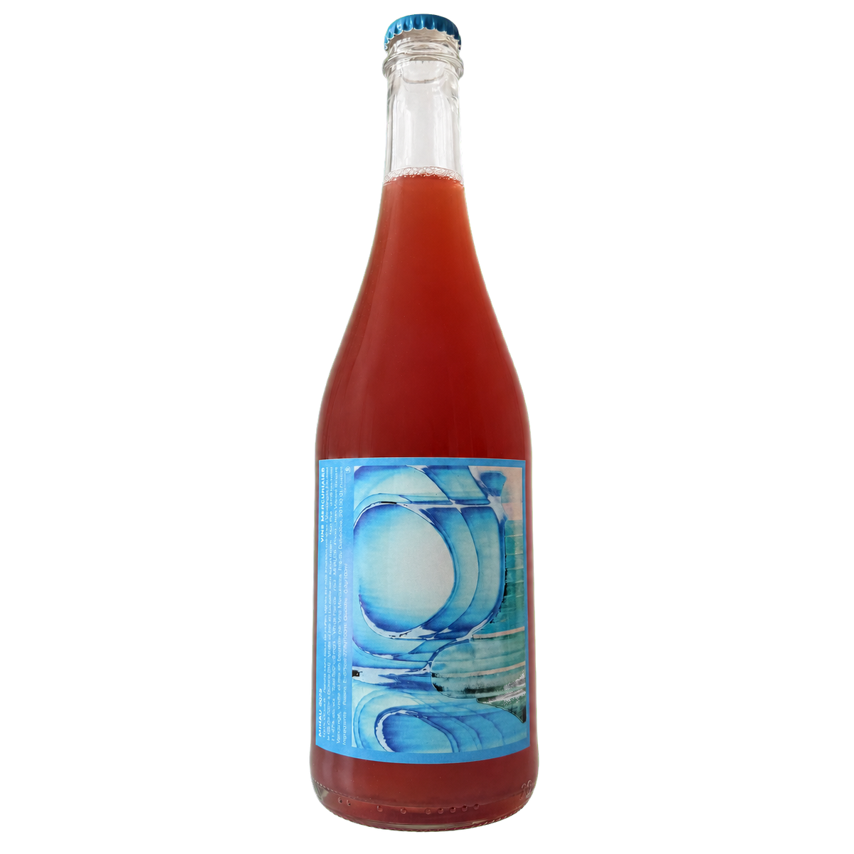 Fles Mihau 2025, lichte rode natuurwijn van Cinsault door Vins Mercuriales, blauw etiket en blauwe kroonkurk