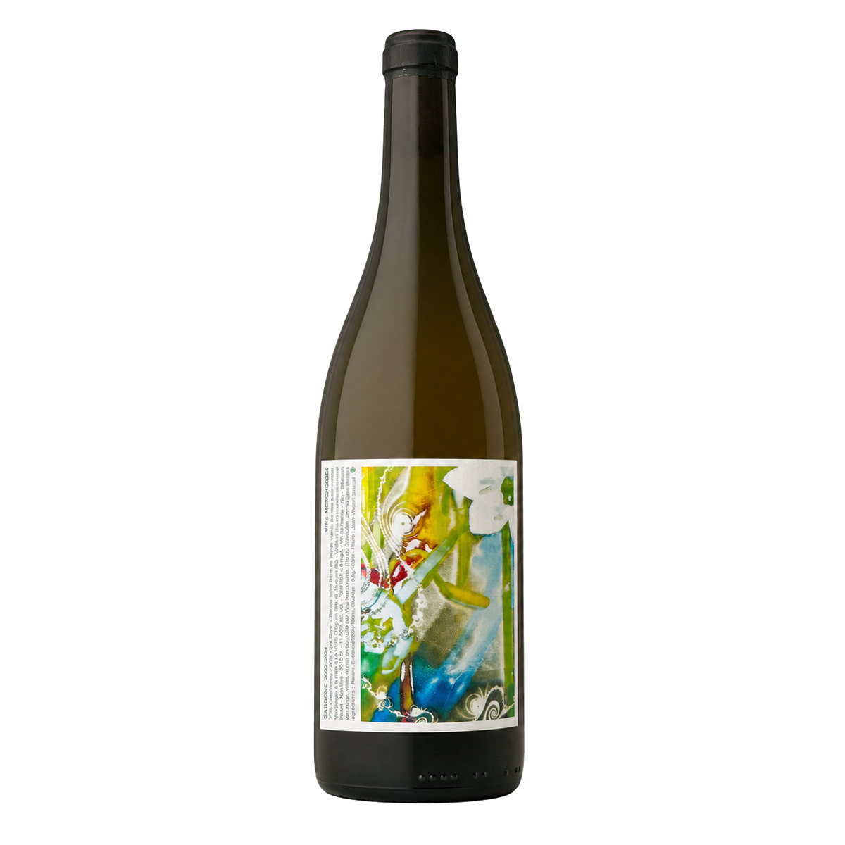 Fles Sardone, witte natuurwijn van Chardonnay en Ugni Blanc door Vins Mercuriales uit de Provence, kleurrijk etiket
