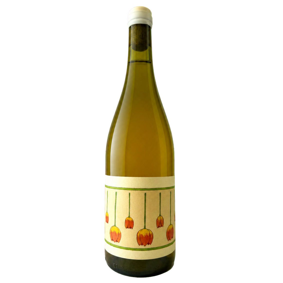 Fles Tulipe 2024, witte natuurwijn van Vermentino door Project Kamoshika, etiket met tulpen