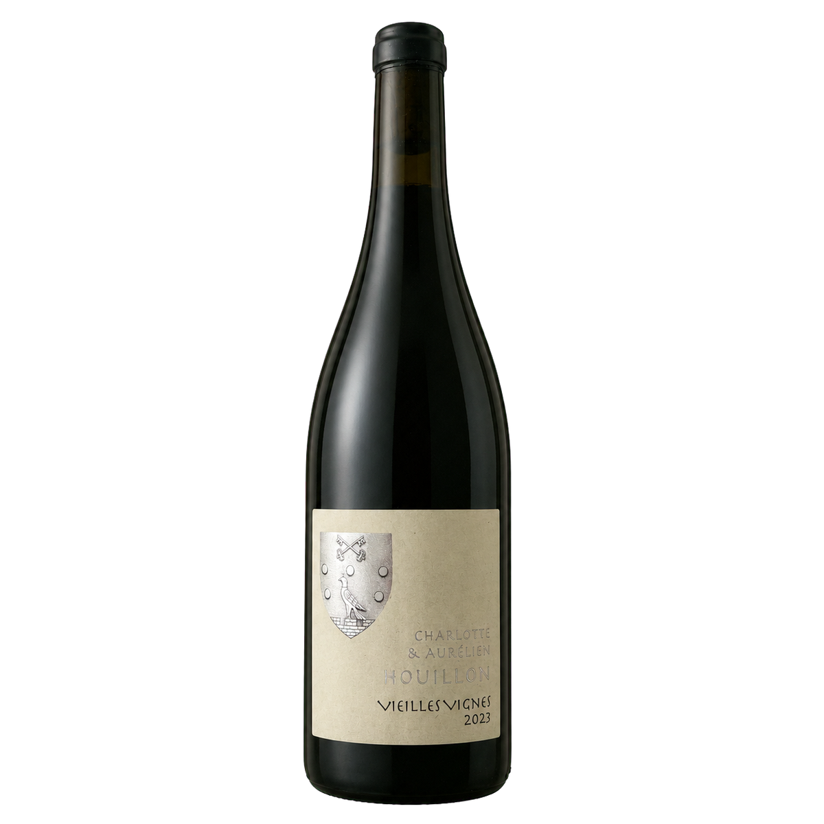 Fles Vieilles Vignes 2023, rode natuurwijn van oude Grenache-stokken door Domaine Houillon, wapenschild-etiket